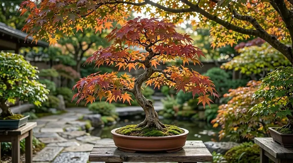 Arce Palmatum bonsái con hojas rojas y doradas en otoño