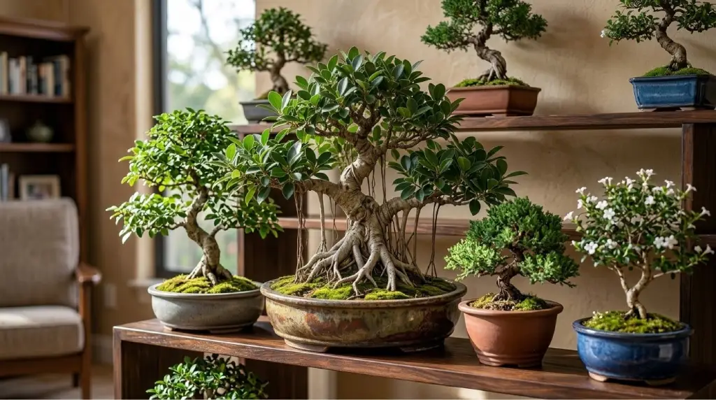 Bonsáis de interior en un salón junto a una ventana con luz natural