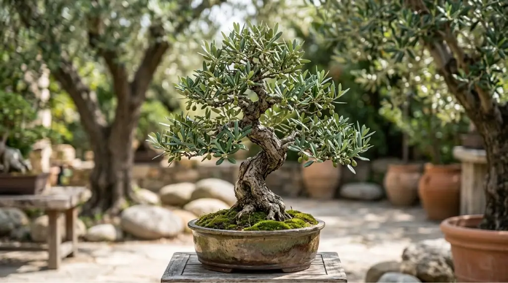 Olivo bonsái con tronco retorcido y corteza plateada en exterior