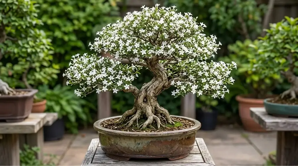 Serissa Foetida bonsái en flor, el árbol de las mil estrellas