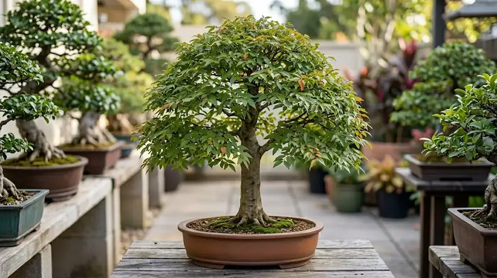 Zelkova Serrata bonsái con copa densa en estilo escoba y corteza grisácea